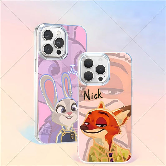 Authentic Zootopia anime case showing Judy and Nick bursting through newspaper print. Features the rabbit police officer's blue uniform and fox's green attire, compatible with iPhone models.