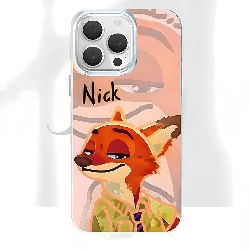 Cute anime-style phone case showing a smug fox character in green shirt and purple tie. The design includes the name "Nick" in black cursive font with a gentle pink to beige gradient backdrop.