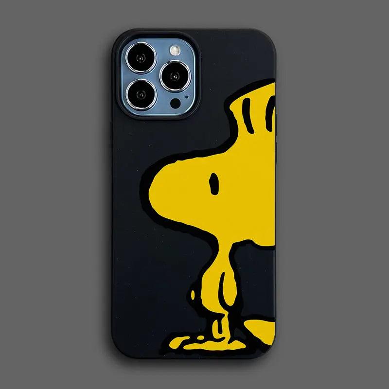 A minimalist dark phone case featuring a solid yellow Snoopy in classic side profile. The iconic Peanuts character stands out vividly against the dark background, perfect for cartoon fans.
