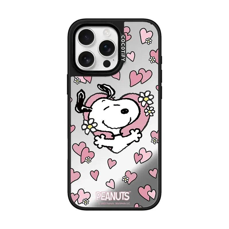 This kawaii-style phone case shows a joyful Snoopy hugging a heart amidst a shower of pink hearts and white flowers on a soft gray base, creating a sweet, romantic aesthetic.