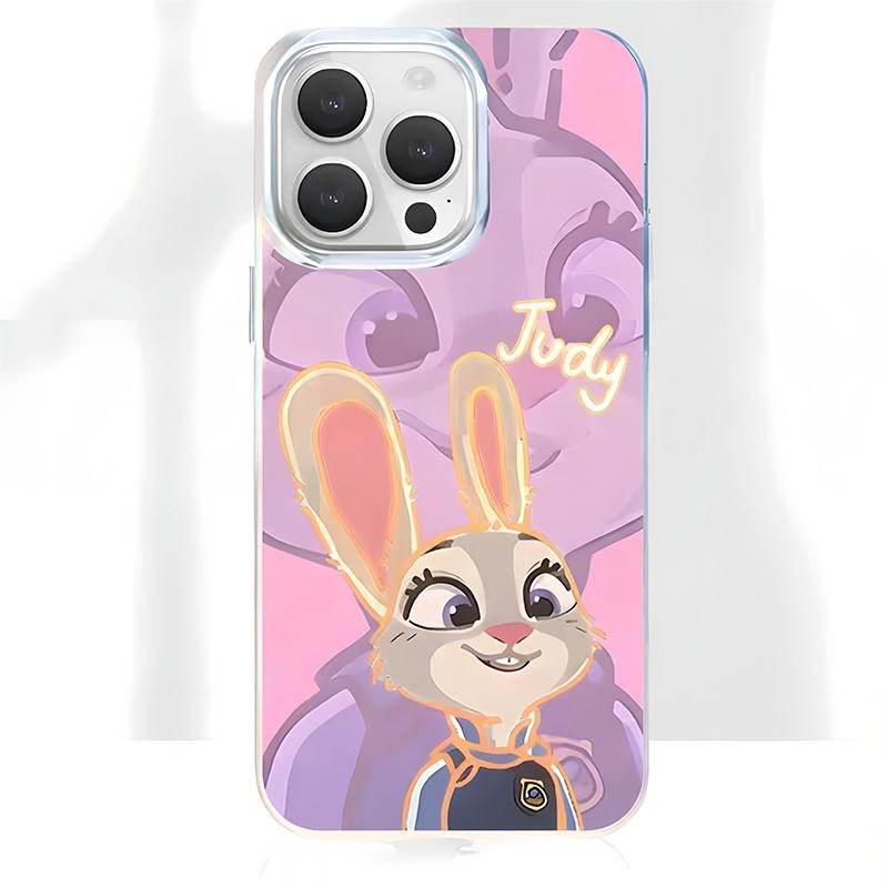 Disney Zootopia-themed case highlighting Judy Hopps in an anime-inspired design.  The bunny’s name appears in shining yellow letters, while the purple-pink gradient adds a playful touch.