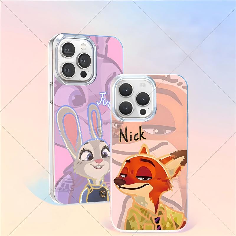 Authentic Zootopia anime case showing Judy and Nick bursting through newspaper print. Features the rabbit police officer's blue uniform and fox's green attire, compatible with iPhone models.