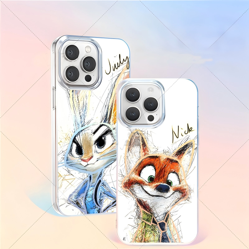 Disney Zootopia-themed phone case set with anime-style artwork.  Judy Hopps and Nick Wilde are depicted in their characteristic poses with handwritten names, perfect for fans.