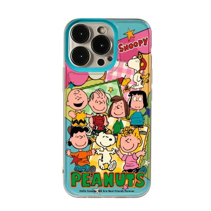 Colorful Peanuts gang phone case featuring Snoopy in a pilot hat, Charlie Brown, and the text "Hello Snoopy We Are Best Friends Forever". Vibrant background with stars and checkerboard patterns.