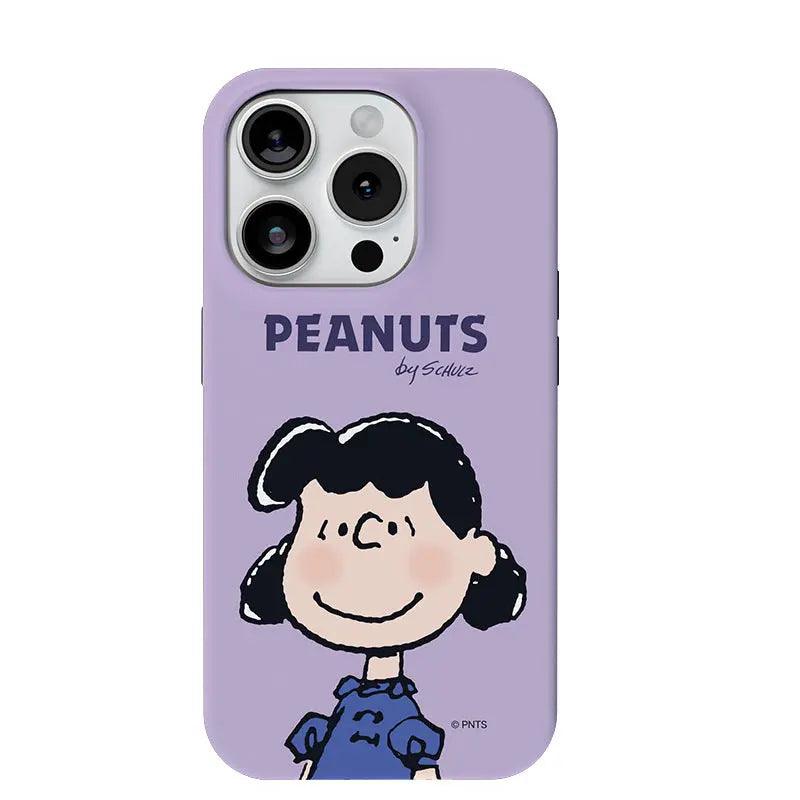 A purple case with the Peanuts character Lucy Van Pelt. The design includes the exact branding text found on the case: "PEANUTS" on top, "bySchwez" below the image, and the copyright "©PNTS".