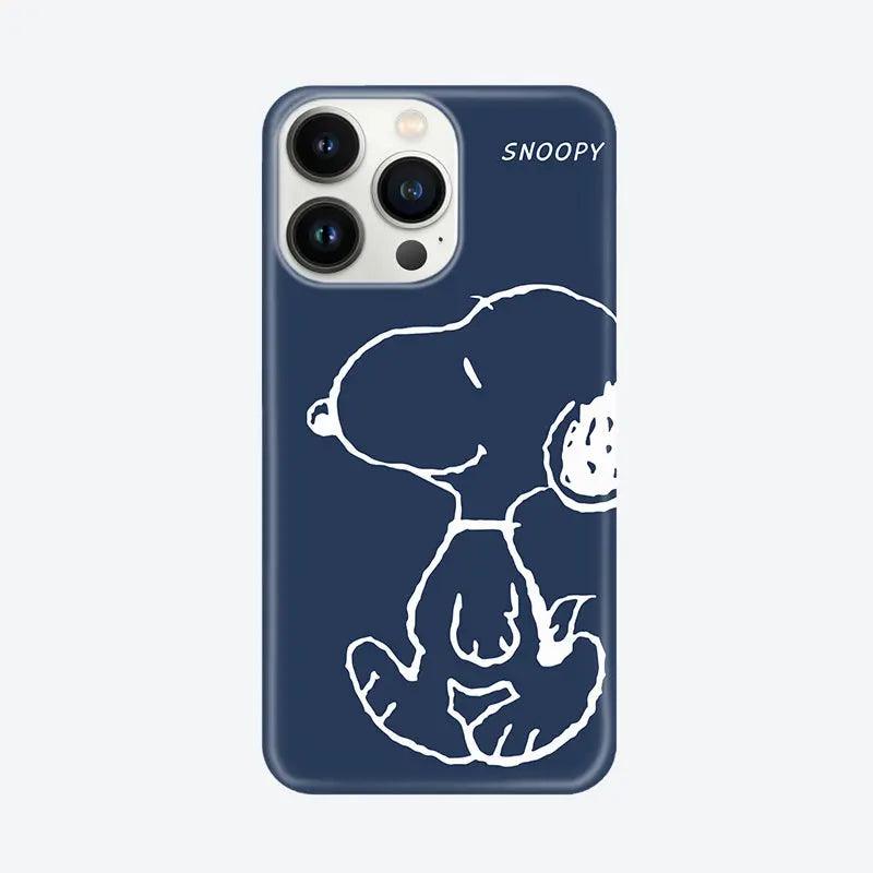 This minimalist navy blue case shows Snoopy in simple white line art.  The Peanuts character sits in profile with the brand name clearly visible, perfect for a subtle cartoon aesthetic on your phone.