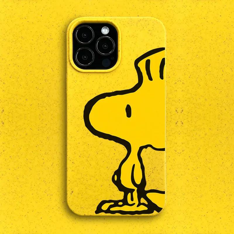 A bright yellow smartphone case showcasing a minimalist black-line illustration of Snoopy from the Peanuts comics. The design centers the character and is compatible with triple-camera phones.