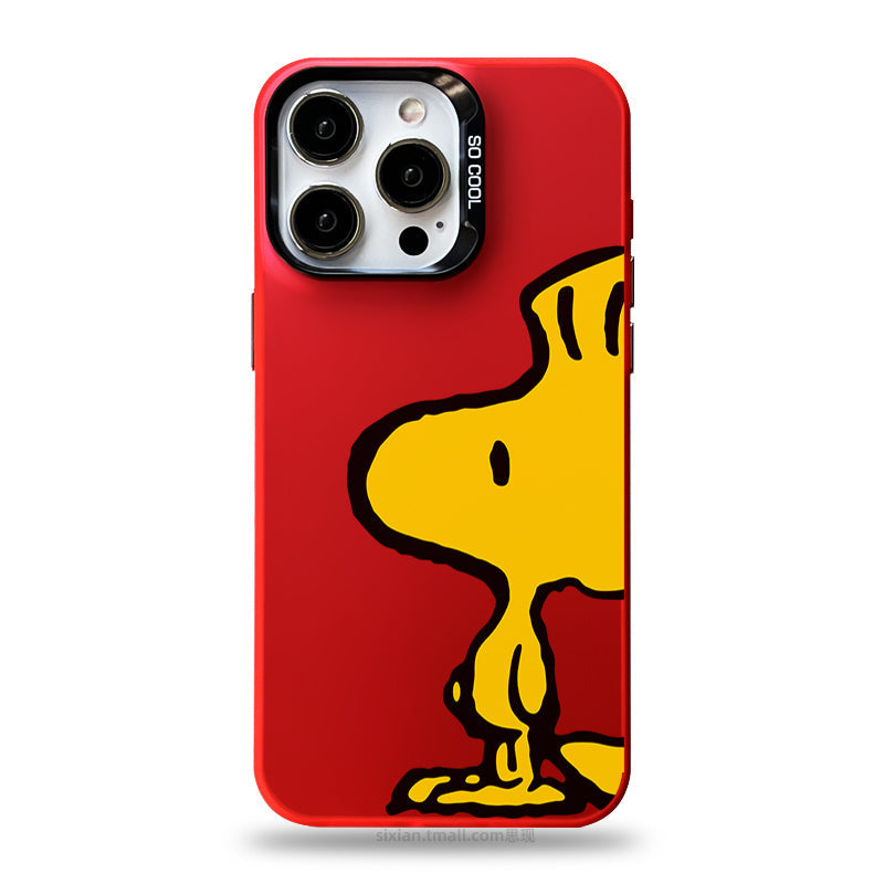 Vibrant red phone case featuring a large yellow Snoopy from Peanuts.  Includes the playful text "SO COOL" and discreet sixianmall.com branding.  Designed for smartphones with a triple-camera setup.