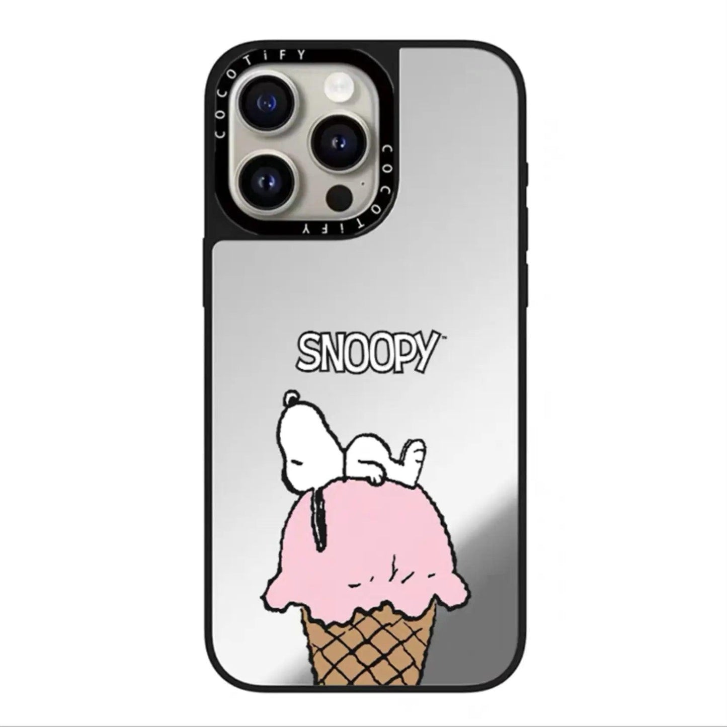 Vibrant pink ice cream with Snoopy lying on top, all contained in a brown waffle cone. This playful cartoon design is printed on a modern silver phone case, labeled with "SNOOPY" at the top.