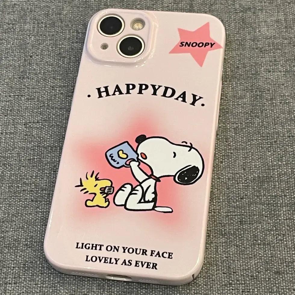 A cheerful Snoopy phone case featuring uplifting phrases "HAPPY DAY" and "LOVELY AS EVER" to brighten your daily routine.