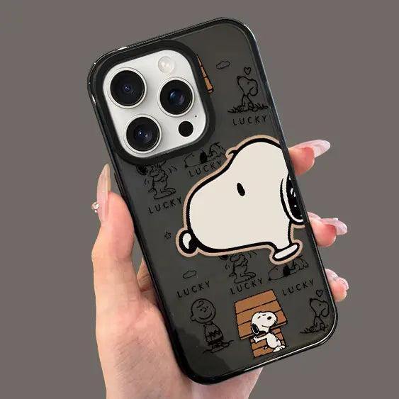 Fun Snoopy phone cover with repeating "LUCKY" message background, combining PEANUTS charm with good fortune wishes.
