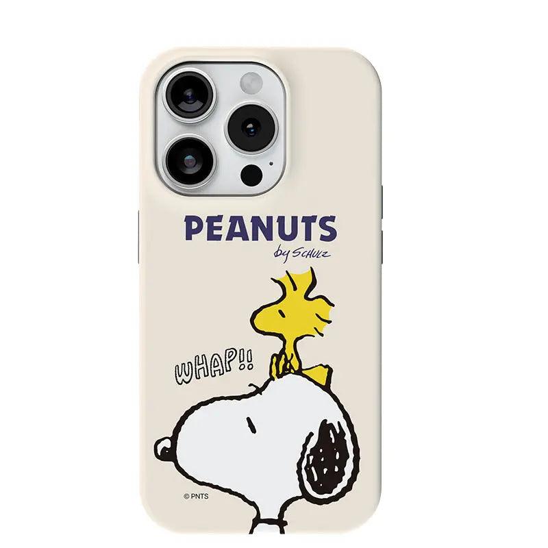 Dynamic Snoopy phone case featuring the iconic "WHAP!!" comic scene from the official PEANUTS series by Sattre.