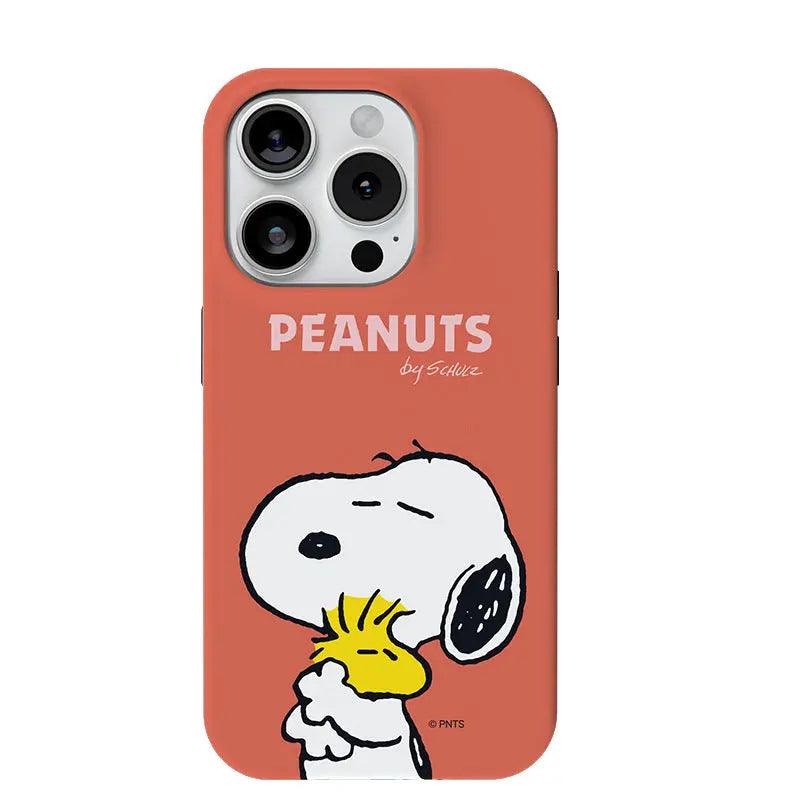 Protective phone case with a vintage PEANUTS comic strip print of Snoopy on his doghouse and Charlie Brown.