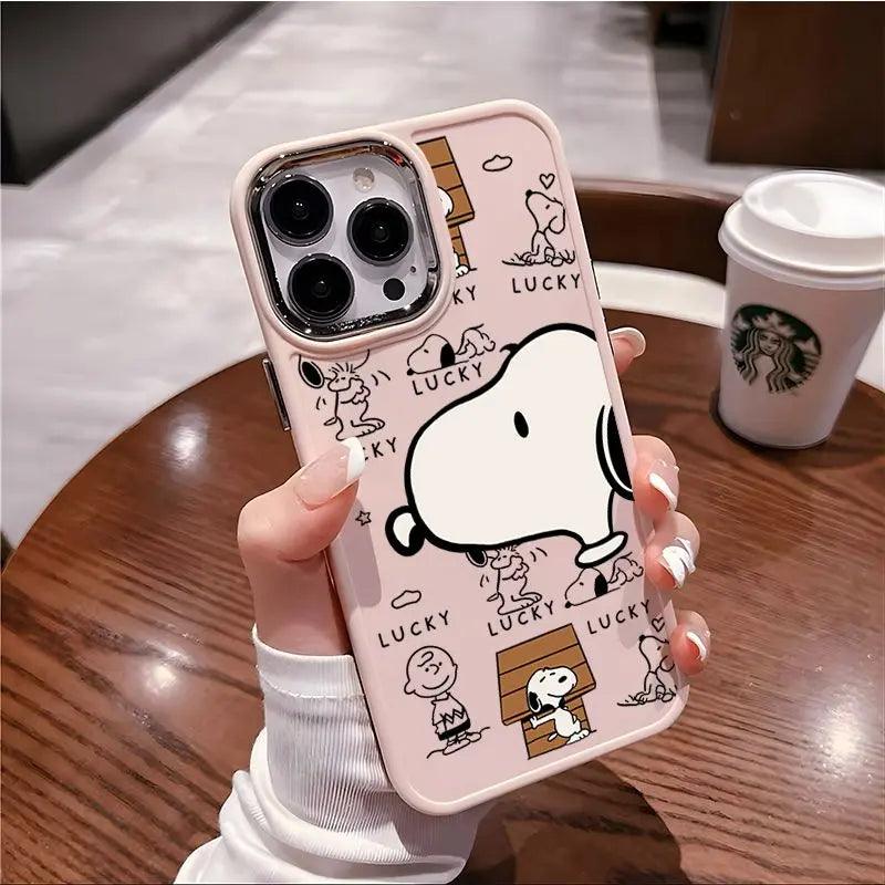 Snoopy phone case featuring a vibrant repeating "LUCKY" text pattern, bringing good fortune vibes from the beloved PEANUTS character.