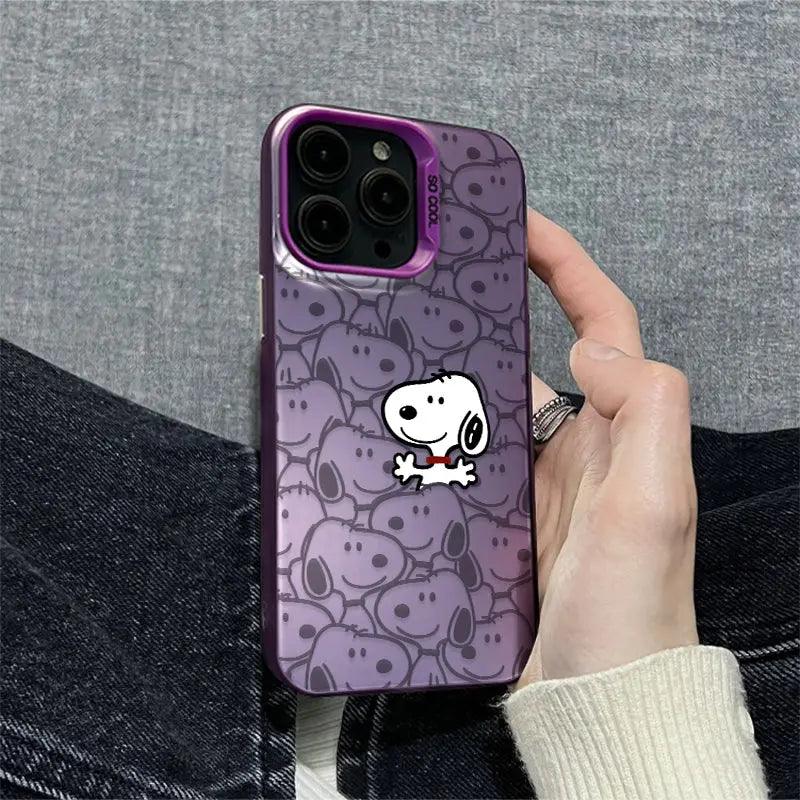 Purple gradient anime Snoopy phone case for iPhone. Features a large Snoopy with a red bow tie surrounded by smaller Snoopy faces, perfect for Peanuts fans.
