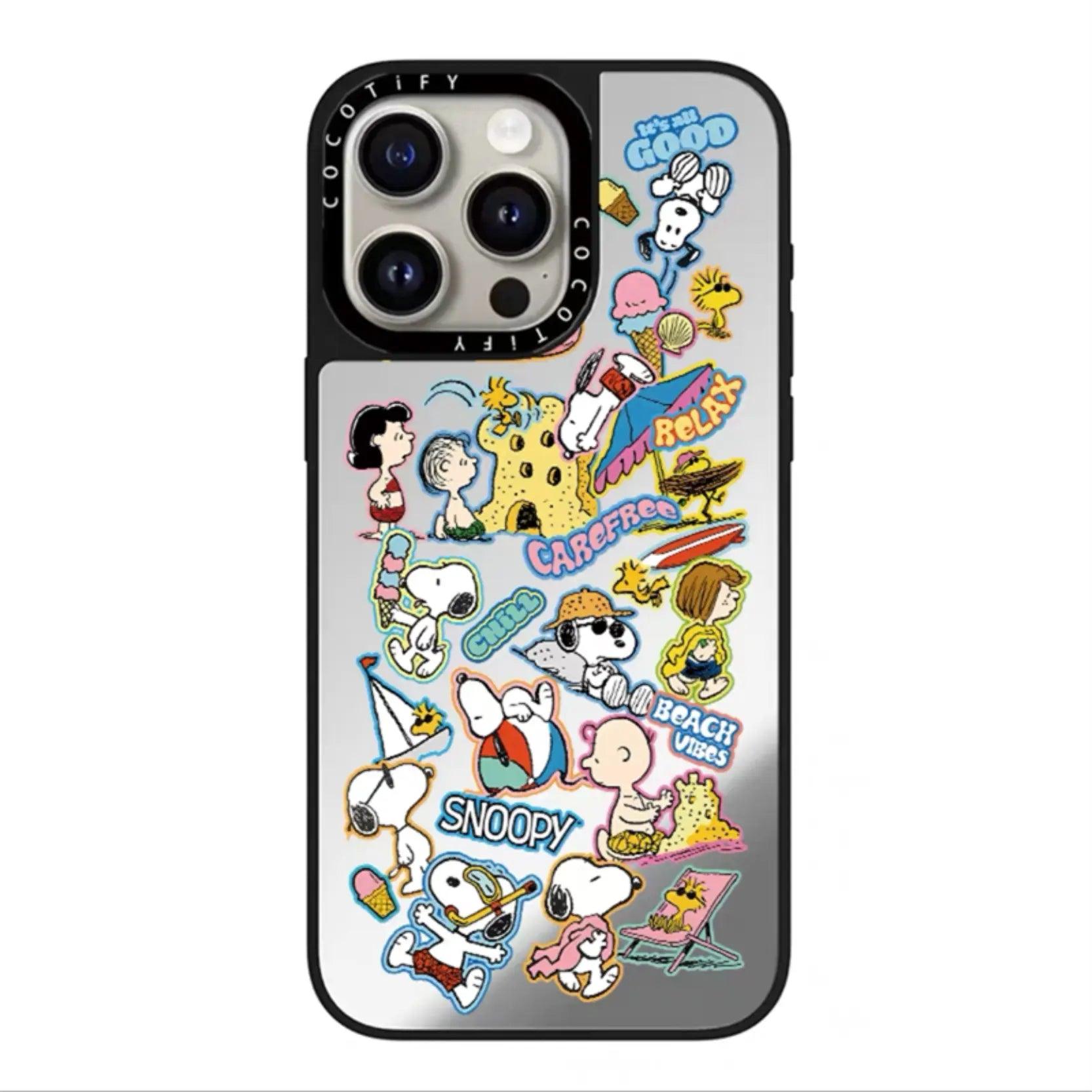 Vibrant Snoopy beach party phone case! The Peanuts gang is surfing, building sandcastles & relaxing under "BEACH VIBES" & "CAREFREE" text. A colorful, anime-style summer design on silver 