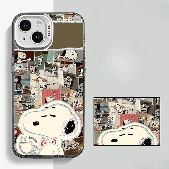 Adorable Snoopy iPhone case with a retro cartoon collage and coffee cup design. Perfect gift for Peanuts and anime fans.
