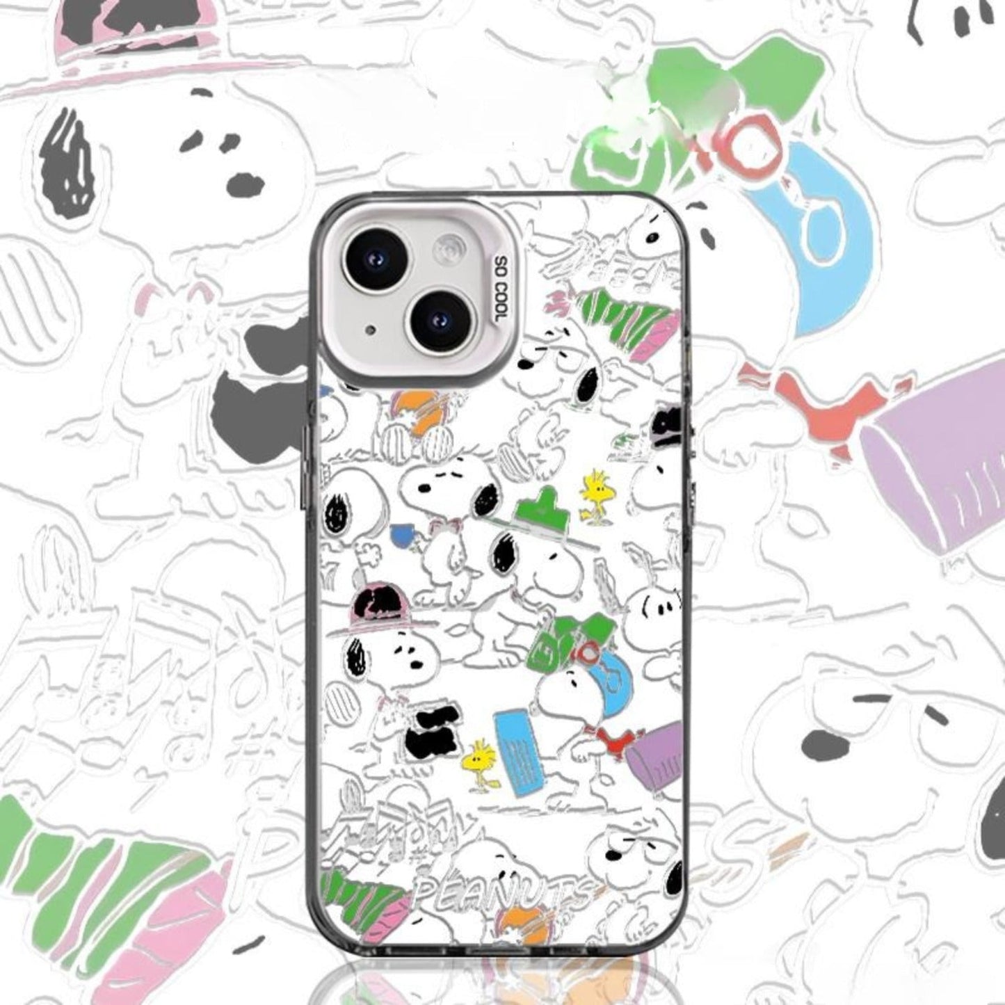 Creative Snoopy-themed phone case with doodle-style artwork showing the beloved beagle in various positions.  Bold "PEANUTS" branding at bottom.  White background with subtle Snoopy silhouette patterns.