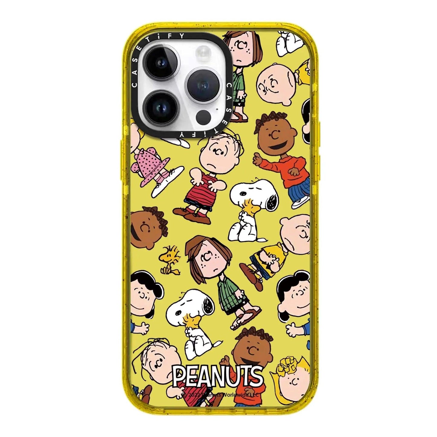 Vibrant yellow phone case featuring the entire Peanuts gang including Charlie Brown, Snoopy, and Lucy.  product with "PEANUTS" logo . Features precise camera cutout for perfect functionality.