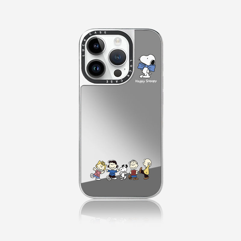 Protect your iPhone with this Lucky Snoopy case. The light gray background highlights the Peanuts gang, with Snoopy sporting a blue bow tie. Text includes "LUCK CASE", "LUCKY", and "Happy Snoopy".