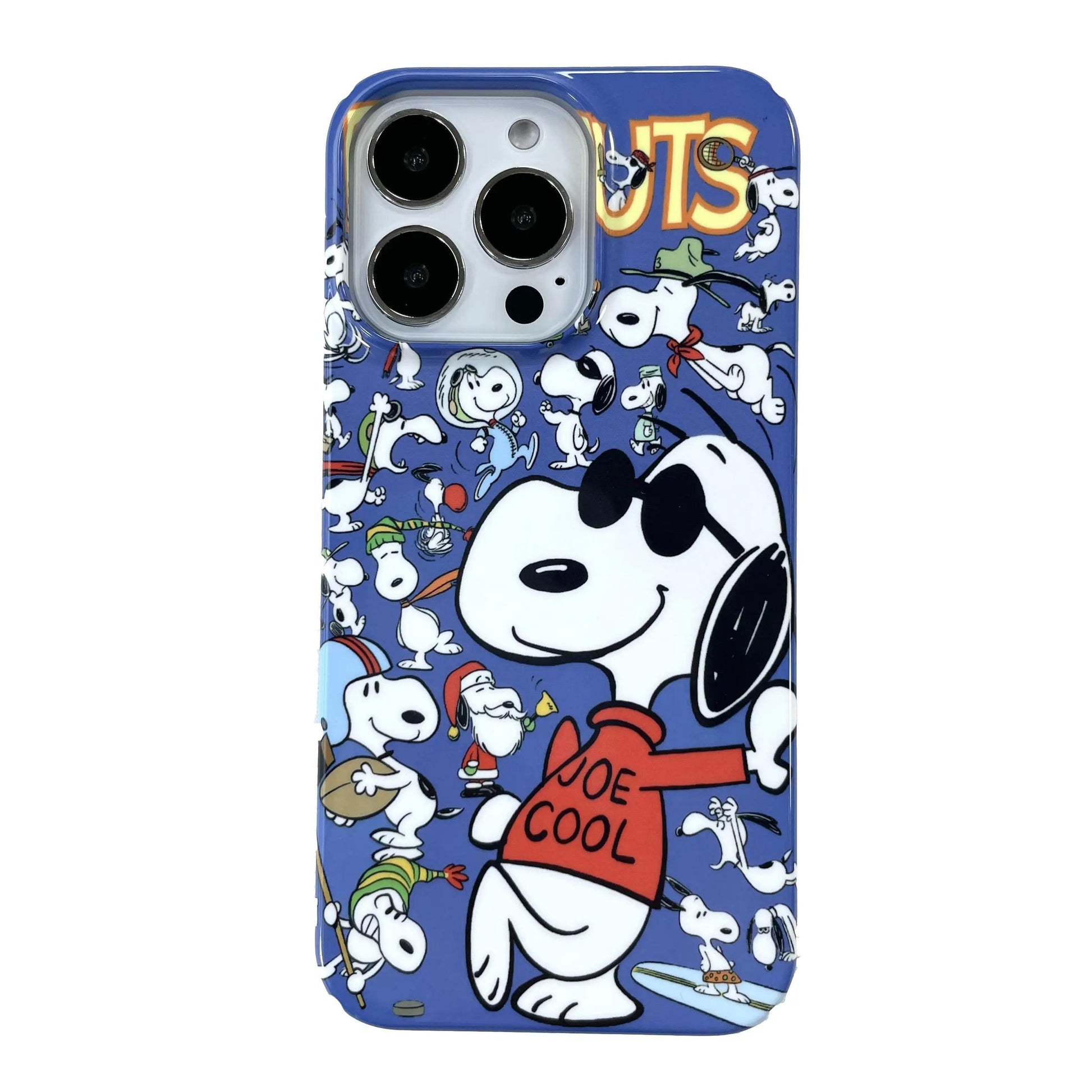 Snoopy as "Joe Cool" phone case for iPhone. Features the iconic dog in sunglasses and red shirt, surrounded by playful smaller Snoopys on a vibrant blue background with "PEANUTS" branding.