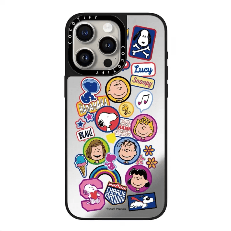 Peanuts anime phone case with Snoopy, Lucy ("LUCY"), and Charlie Brown ("CHARLIE BROWN"). Includes playful typography and a transparent camera area.