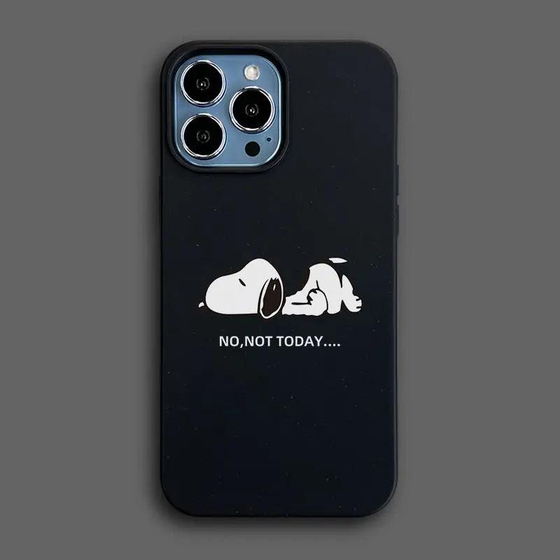 A black phone case featuring a white cartoon Snoopy lying on its side with eyes closed, looking lazy, and the text "NO, NOT TODAY..." below it on a simple gray background.