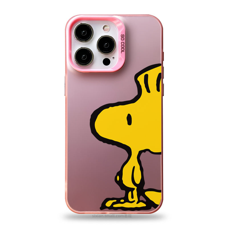 Showcasing a cute Snoopy phone case with a beautiful pink to purple gradient finish.  The large yellow Peanuts character stands out under the "SO COOL" slogan, perfect for anime fans.