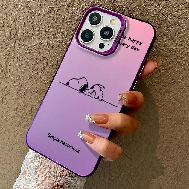 Purple gradient phone case with the Peanuts character Snoopy and inspirational text.  Shows the cartoon dog above the words "Simple happiness" and below "be happy every day".
