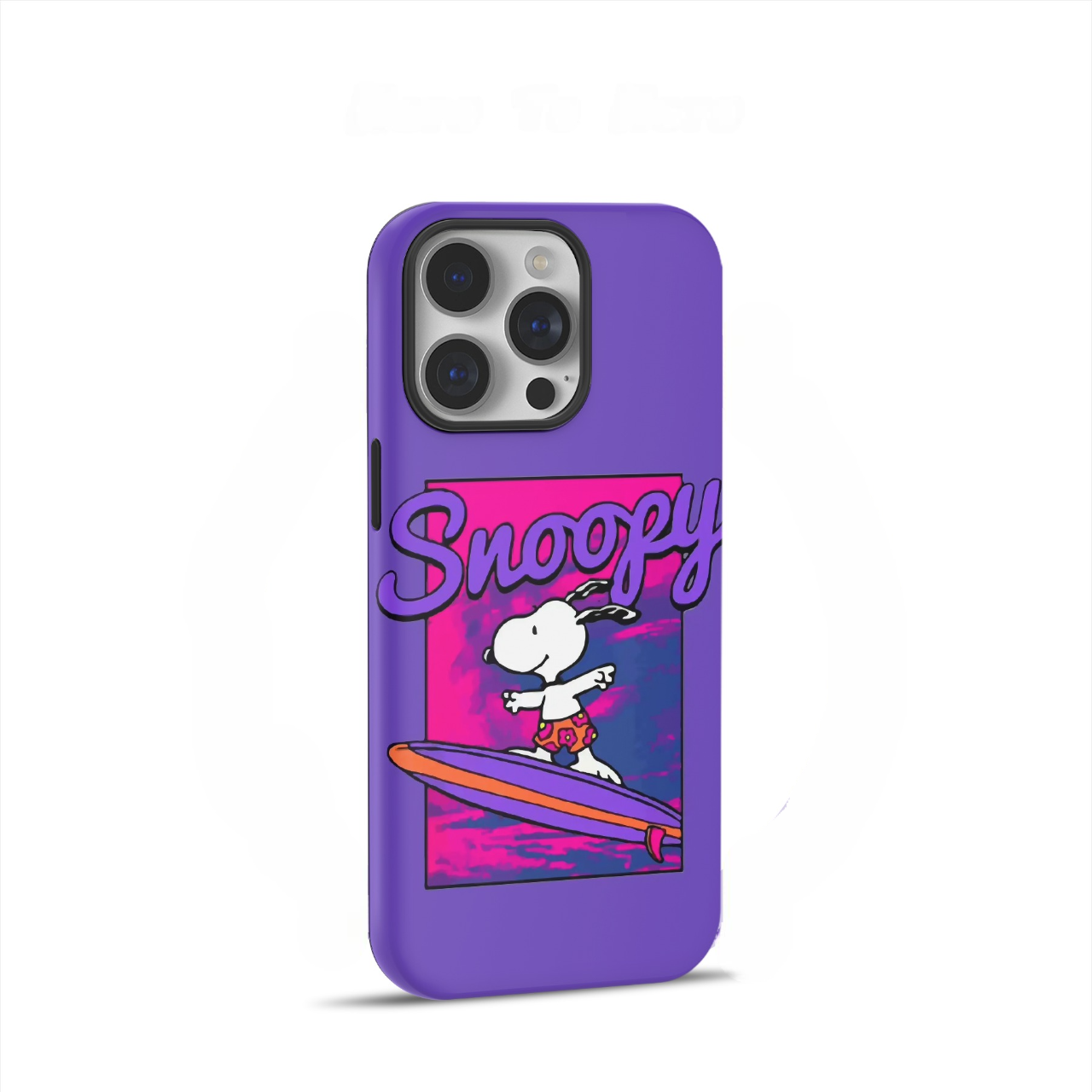 Vibrant purple Phone case featuring Snoopy surfing happily on an orange and purple board.  The retro cartoon design includes a pink sky and bold script "Snoopy" text, perfect for Peanuts fans.