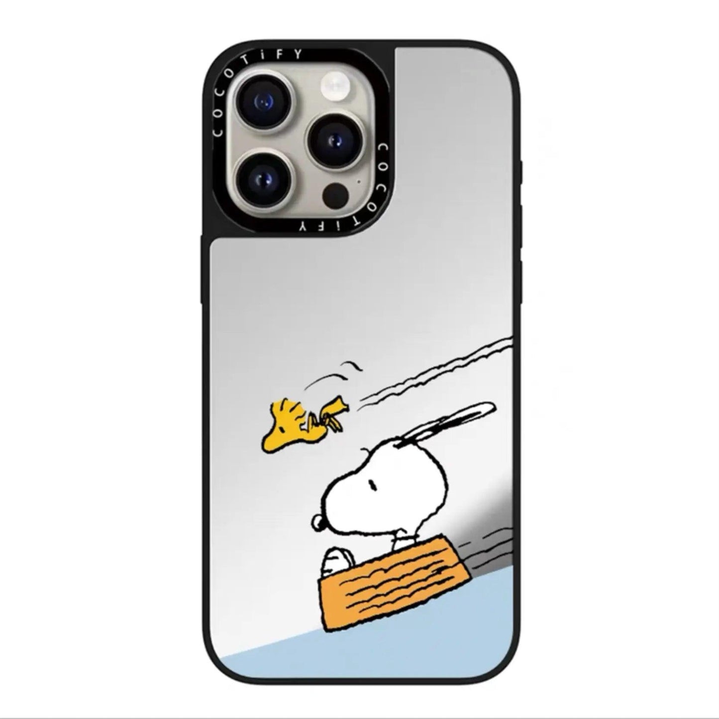 Snoopy surfing phone case shows the white beagle lying on an orange surfboard in a dynamic descent. Woodstock flies above leaving V-shaped trails against a light gray sky and blue water background.