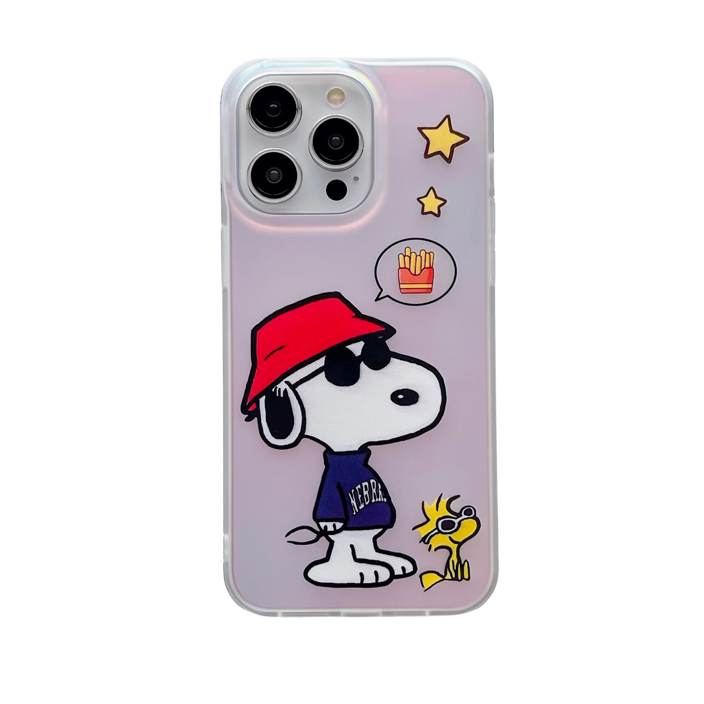 A vibrant anime phone case with a cool Snoopy and Woodstock. Snoopy sports sunglasses and a red hat, thinking of fries against a shiny purple backdrop with small yellow stars. "NIBBRA" branding included.