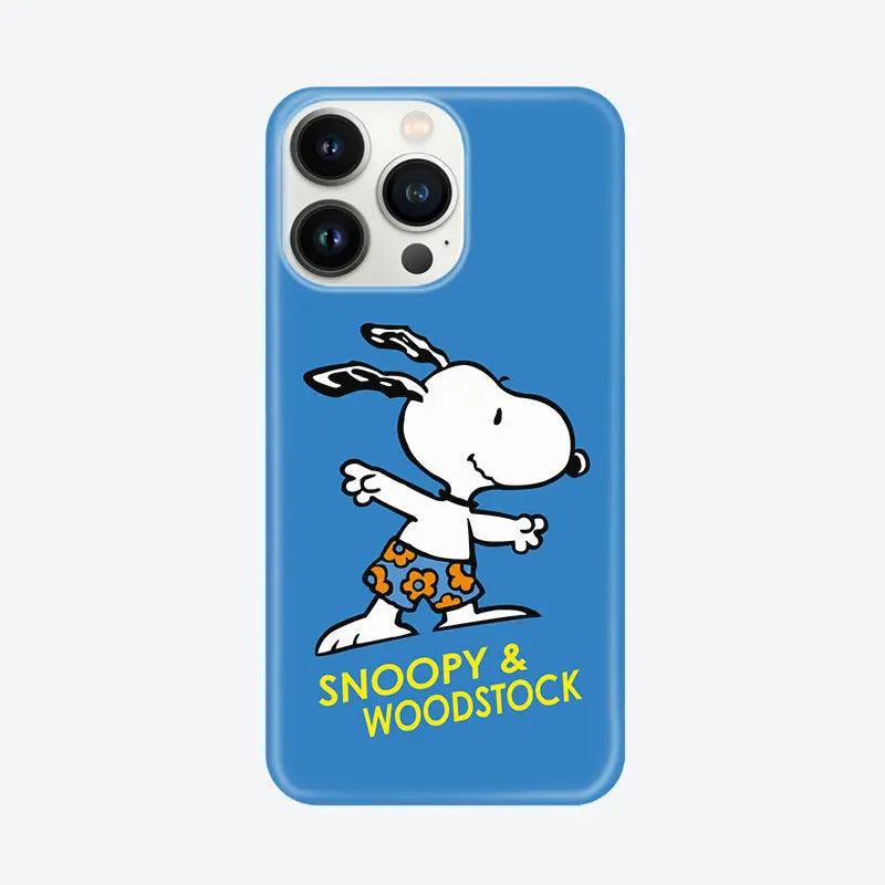 Protective phone case with Snoopy running in orange floral shorts on a blue background. The design includes the classic "SNOOPY & WOODSTOCK" text in yellow, perfect for Peanuts fans.