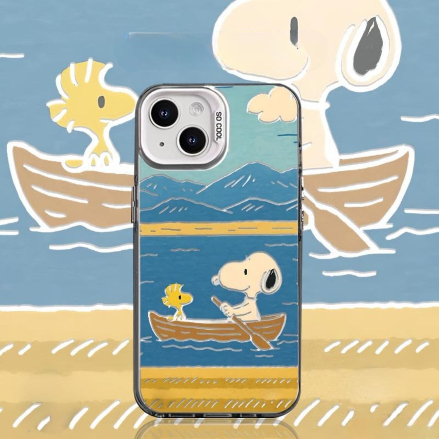 Charming Peanuts phone case showing Snoopy and Woodstock enjoying a boat ride.  The whimsical design includes a red boat, calm waters, and a scenic backdrop, perfect for anime fans.