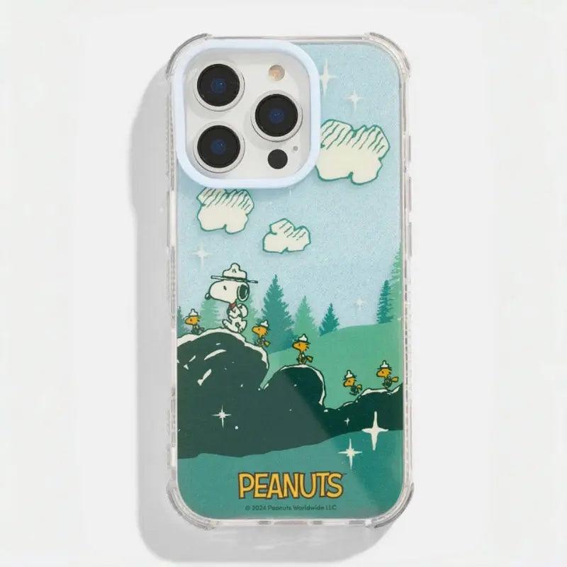 A cheerful hilltop adventure scene with Snoopy and Woodstock against a sunny sky. This playful case has a green landscape and the iconic "PEANUTS" text, perfect for outdoor theme lovers.