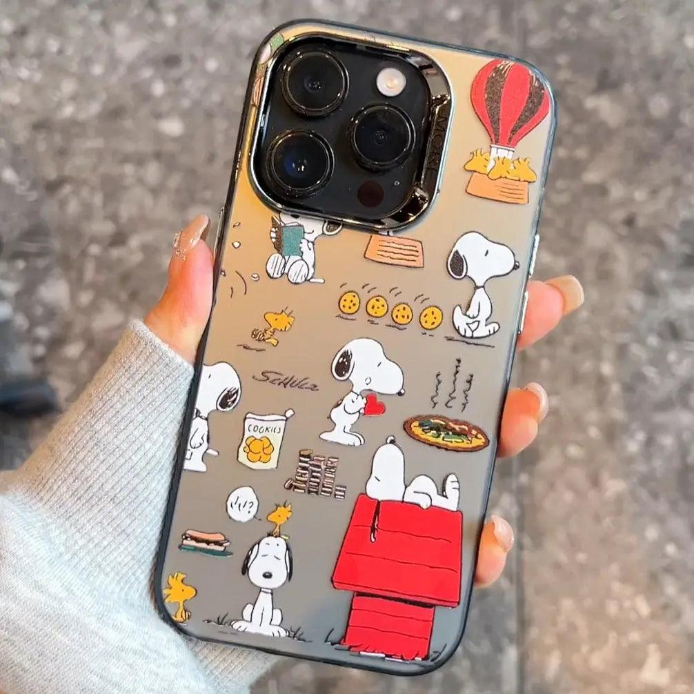 Vibrant Snoopy phone case featuring the bold text "COOKIES" .  Shows Snoopy reading on his doghouse, eating pizza, and holding a box of cookies, with Woodstock in a hot air balloon.