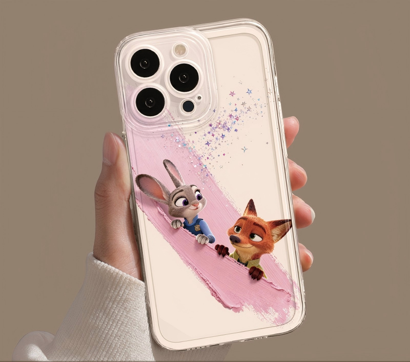 Zootopia phone case where Judy and Nick playfully peek from behind a pink diagonal paint streak.  Colorful star sparkles add magic to this transparent protective cover.