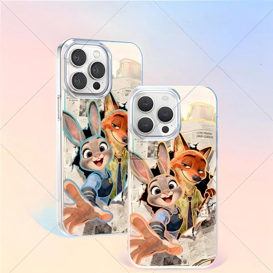 Dynamic Zootopia phone case features Officer Judy Hops and Nick Wilde breaking through a newspaper background. The design captures the iconic rabbit and fox duo in action, perfect for iPhone protection.